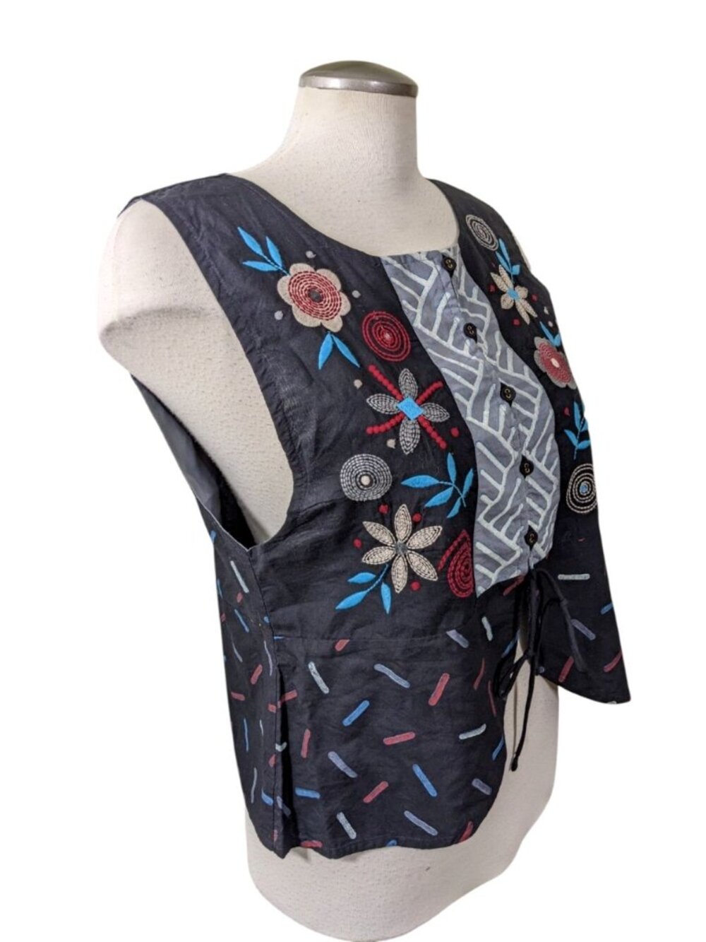 Gudrun Sjoden Womens Vest Black Gray Floral Embroidered Cotton Small Boho Artsy - Picture 3 of 6